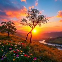 A serene landscape at sunrise, with vibrant colors blending into the sky as the sun rises over rolling hills