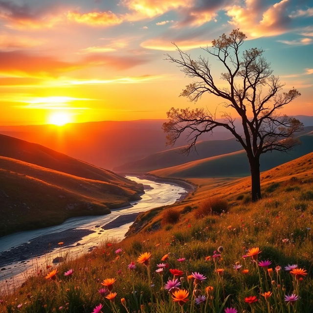 A serene landscape at sunrise, with vibrant colors blending into the sky as the sun rises over rolling hills