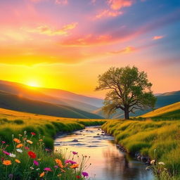 A serene landscape at sunrise, with vibrant colors blending into the sky as the sun rises over rolling hills