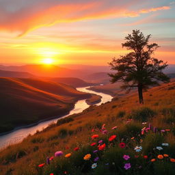 A serene landscape at sunrise, with vibrant colors blending into the sky as the sun rises over rolling hills