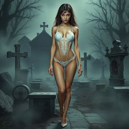 A thin girl with round, enhanced breasts, positioned at the center of the image in a full body view, wearing a tight thin white transparent lace thong leotard paired with stylish high heel shoes