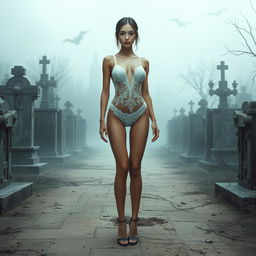 A thin girl with round, enhanced breasts, positioned at the center of the image in a full body view, wearing a tight thin white transparent lace thong leotard paired with stylish high heel shoes
