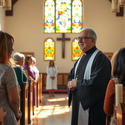 A serene and compassionate chaplain in a peaceful chapel setting, dressed in clerical attire, with a warm smile as they offer comforting words to a diverse group of people