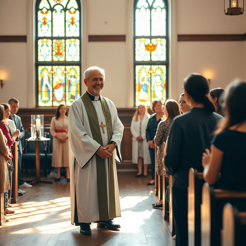 A serene and compassionate chaplain in a peaceful chapel setting, dressed in clerical attire, with a warm smile as they offer comforting words to a diverse group of people