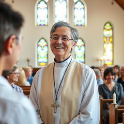 A serene and compassionate chaplain in a peaceful chapel setting, dressed in clerical attire, with a warm smile as they offer comforting words to a diverse group of people