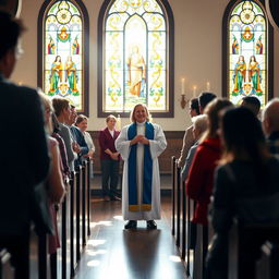 A serene and compassionate chaplain in a peaceful chapel setting, dressed in clerical attire, with a warm smile as they offer comforting words to a diverse group of people
