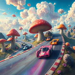 A surreal landscape featuring racing cars in a dreamlike environment, where the cars appear to defy the laws of physics