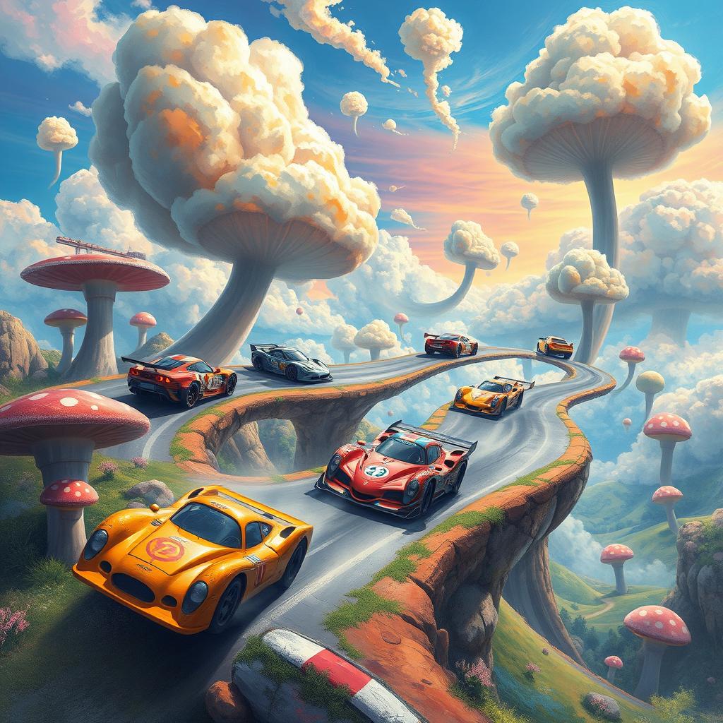 A surreal landscape featuring racing cars in a dreamlike environment, where the cars appear to defy the laws of physics