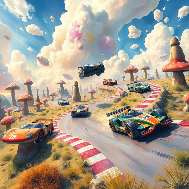 A surreal landscape featuring racing cars in a dreamlike environment, where the cars appear to defy the laws of physics