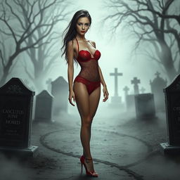 A thin girl with round, enhanced breasts, positioned at the center of the image in a full body view, wearing a tight thin blood red transparent lace thong leotard paired with stylish high heel shoes