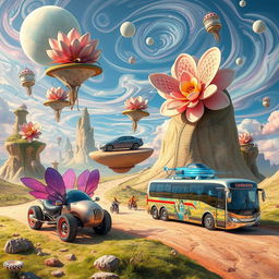A collection of surreal vehicles set in a fantastical environment, showcasing a variety of imaginative designs that challenge reality
