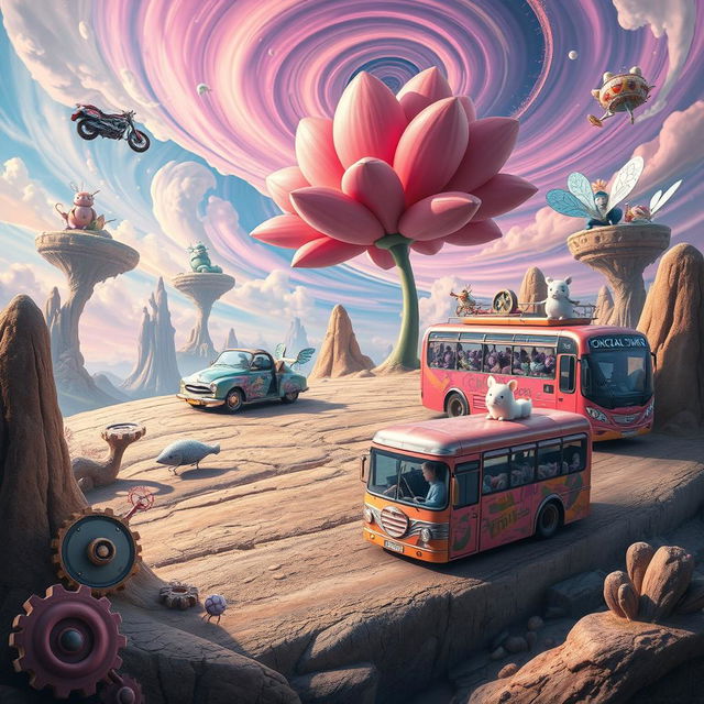 A collection of surreal vehicles set in a fantastical environment, showcasing a variety of imaginative designs that challenge reality