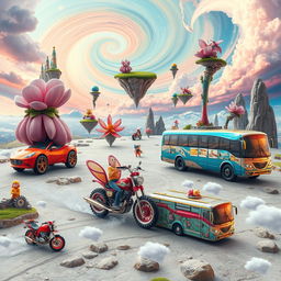 A collection of surreal vehicles set in a fantastical environment, showcasing a variety of imaginative designs that challenge reality