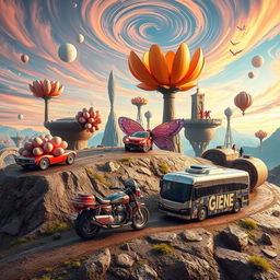 A collection of surreal vehicles set in a fantastical environment, showcasing a variety of imaginative designs that challenge reality