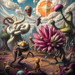 A collection of surreal monsters depicted in a vibrant, dreamlike environment