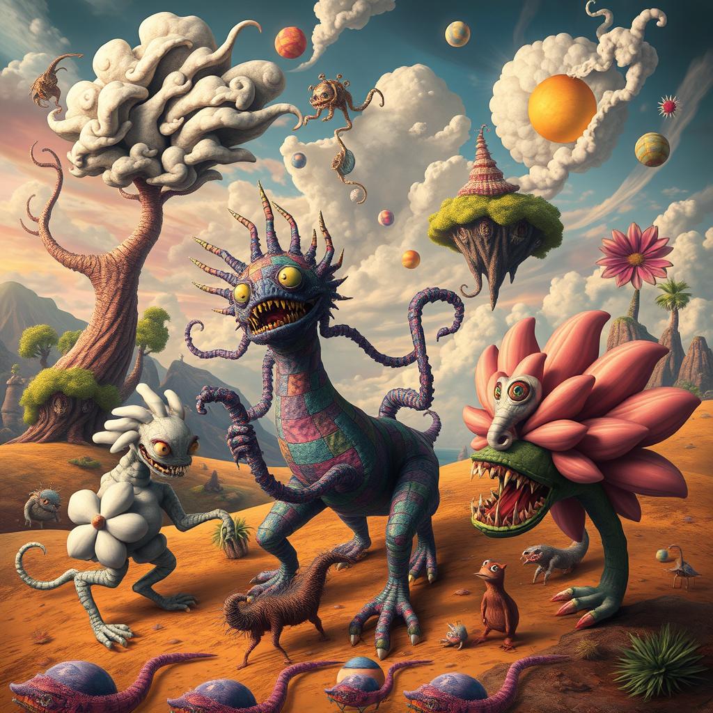 A collection of surreal monsters depicted in a vibrant, dreamlike environment