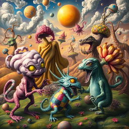 A collection of surreal monsters depicted in a vibrant, dreamlike environment