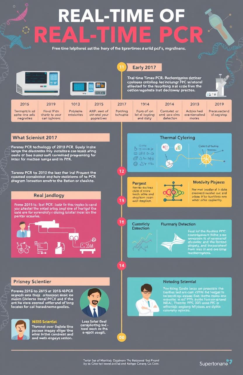 A detailed representation of the historical development of real-time PCR technology, featuring key milestones and advancements from its inception to present day