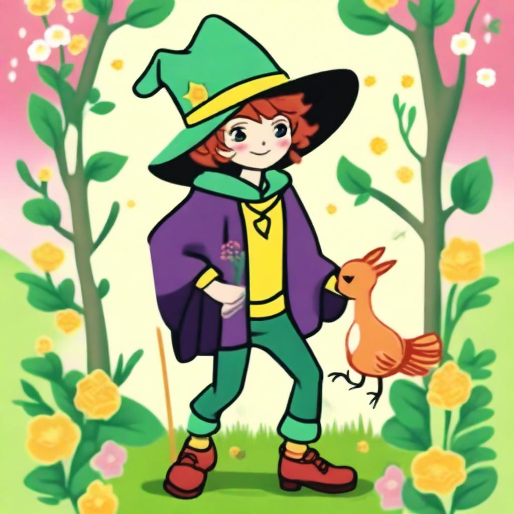 The Fool Tarot card in vibrant spring colors, reimagined in a Kawaii style featuring an adorable male witch as the main character