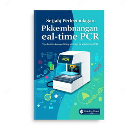 A book cover design titled 'Sejarah Perkembangan Real-time PCR'