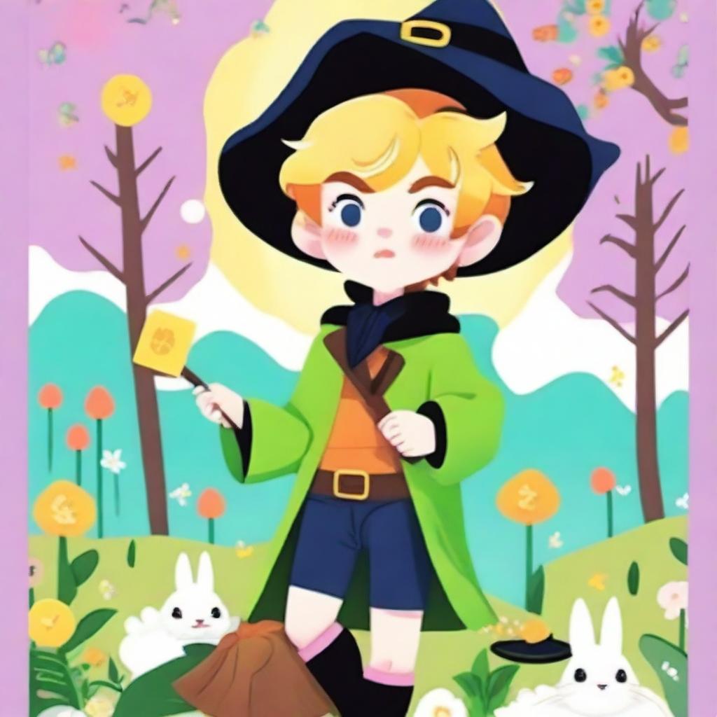 The Fool Tarot card in vibrant spring colors, reimagined in a Kawaii style featuring an adorable male witch as the main character