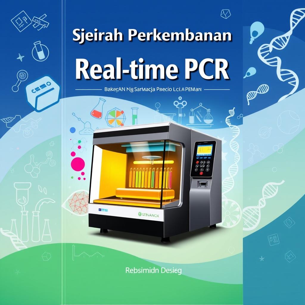 A book cover design titled 'Sejarah Perkembangan Real-time PCR'