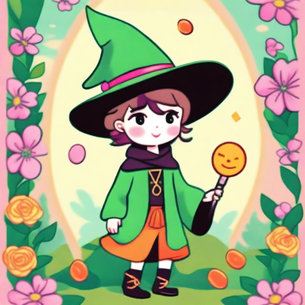 The Fool Tarot card in vibrant spring colors, reimagined in a Kawaii style featuring an adorable male witch as the main character