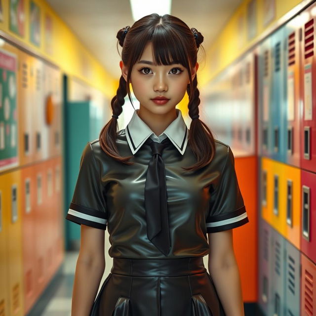 A young adult female student wearing a stylish latex school uniform, consisting of a form-fitting short skirt and a chic blouse, complete with a necktie