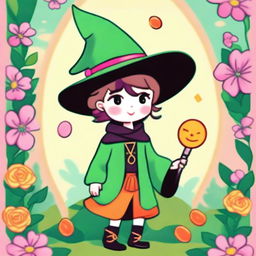 The Fool Tarot card in vibrant spring colors, reimagined in a Kawaii style featuring an adorable male witch as the main character