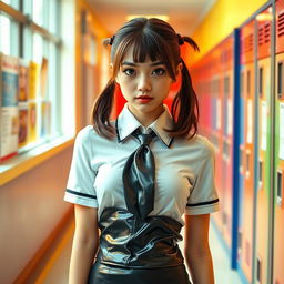 A young adult female student wearing a stylish latex school uniform, consisting of a form-fitting short skirt and a chic blouse, complete with a necktie