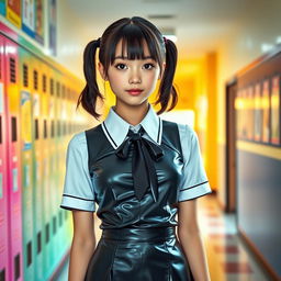 A young adult female student wearing a stylish latex school uniform, consisting of a form-fitting short skirt and a chic blouse, complete with a necktie