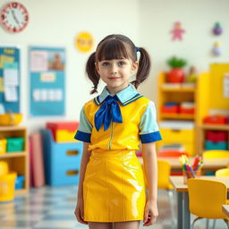 A young female student in a stylish latex school uniform, composed of a tailored short skirt and a fitted blouse