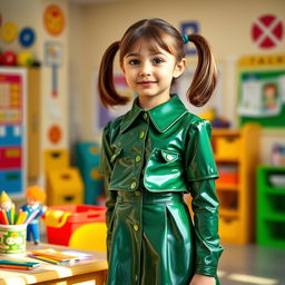 A young female student in a stylish latex school uniform, composed of a tailored short skirt and a fitted blouse