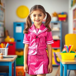 A young female student in a stylish latex school uniform, composed of a tailored short skirt and a fitted blouse