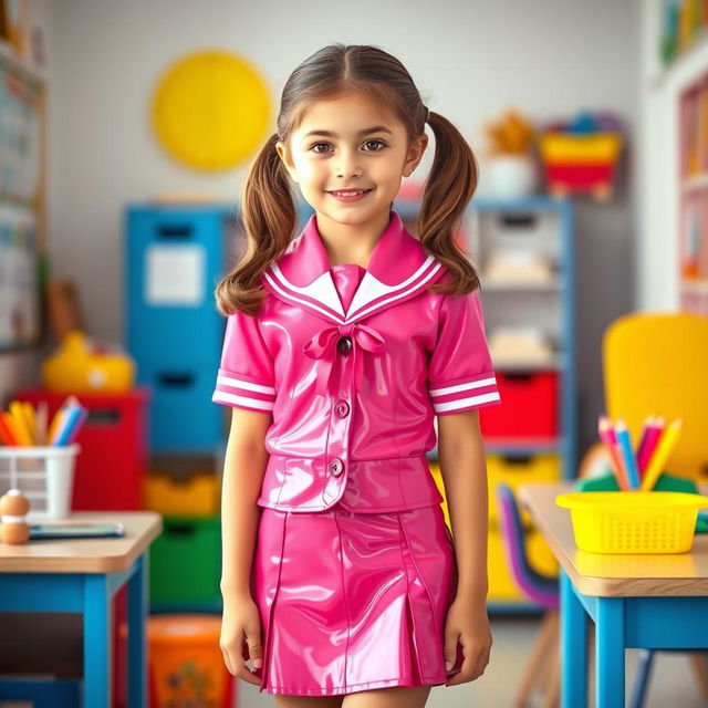 A young female student in a stylish latex school uniform, composed of a tailored short skirt and a fitted blouse