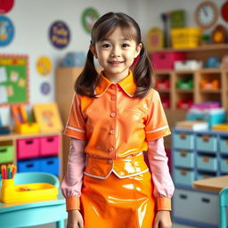 A young female student in a stylish latex school uniform, composed of a tailored short skirt and a fitted blouse