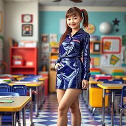 A full-figure depiction of a young female student in a striking latex school uniform, featuring a long-sleeved latex shirt and a stylish latex mini skirt