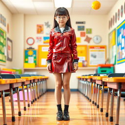 A full-figure depiction of a young female student in a striking latex school uniform, featuring a long-sleeved latex shirt and a stylish latex mini skirt