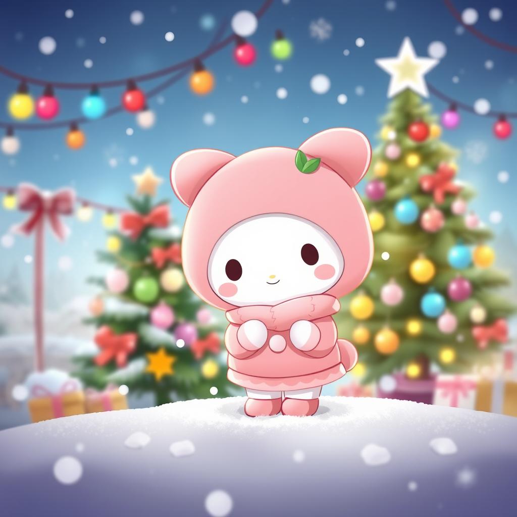 A cute character resembling My Melody, dressed in adorable pink clothes and wearing a warm cat hat