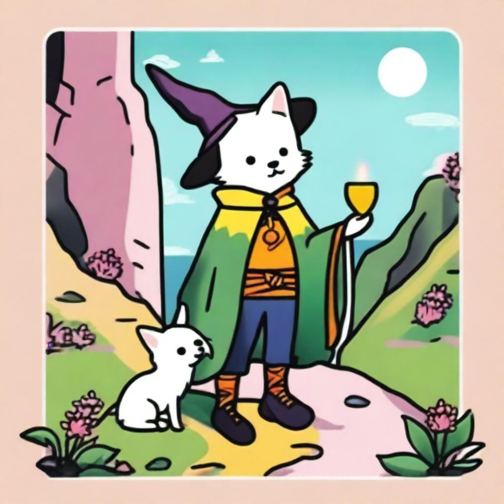 A charming Kawaii style rendition of The Fool Tarot card featuring a lovable male witch standing on the edge of a cliff, a tiny white dog at his feet