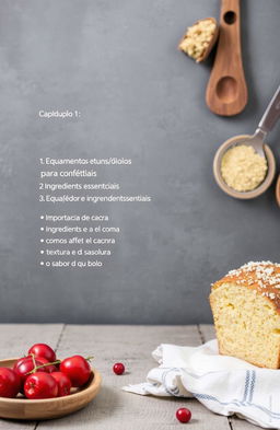 Introdução

Capítulo 1: Equipamentos e Ingredientes Essenciais

Lista de utensílios básicos para confeitaria
Ingredientes essenciais
Importância de cada ingrediente e como ele afeta a textura e o sabor do bolo
Dicas para escolher ingredientes de qualidade