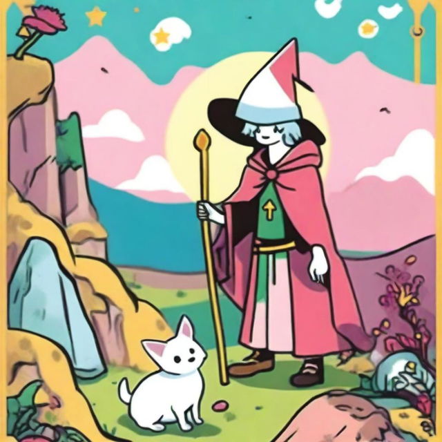 A charming Kawaii style rendition of The Fool Tarot card featuring a lovable male witch standing on the edge of a cliff, a tiny white dog at his feet