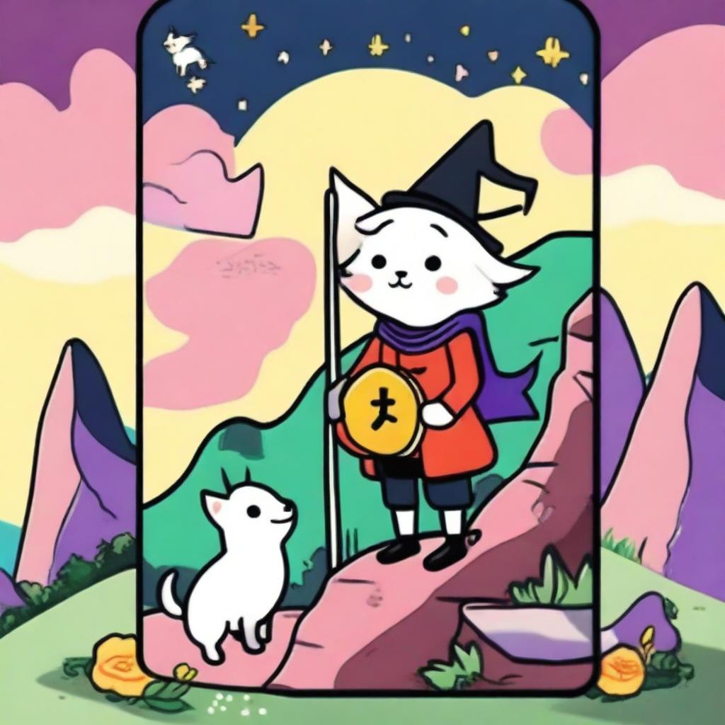 A charming Kawaii style rendition of The Fool Tarot card featuring a lovable male witch standing on the edge of a cliff, a tiny white dog at his feet