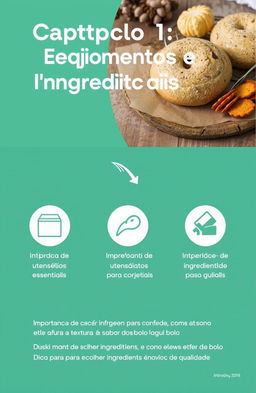 Introdução

Capítulo 1: Equipamentos e Ingredientes Essenciais

Lista de utensílios básicos para confeitaria
Ingredientes essenciais
Importância de cada ingrediente e como ele afeta a textura e o sabor do bolo
Dicas para escolher ingredientes de qualidade