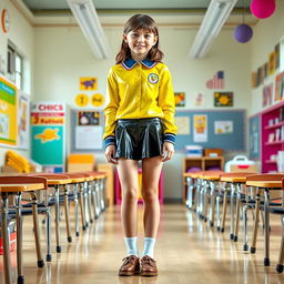 A full-figure image of a young female student in a creative latex school uniform featuring a long-sleeved latex shirt and a fashionable latex mini skirt