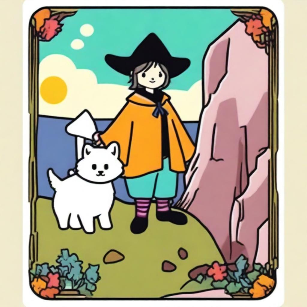 A charming Kawaii style rendition of The Fool Tarot card featuring a lovable male witch standing on the edge of a cliff, a tiny white dog at his feet