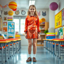 A full-figure image of a young female student in a creative latex school uniform featuring a long-sleeved latex shirt and a fashionable latex mini skirt
