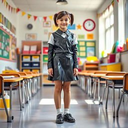 A full-figure image of a young female student in a creative latex school uniform featuring a long-sleeved latex shirt and a fashionable latex mini skirt