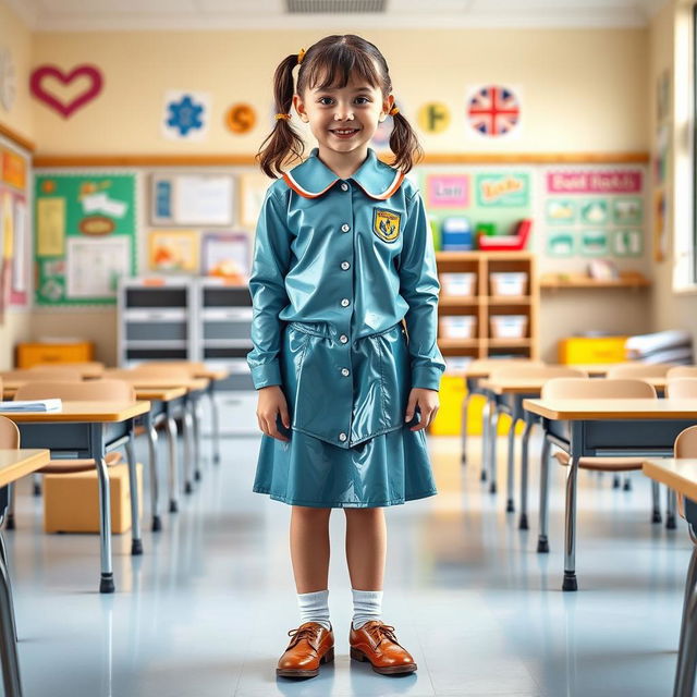 A full-figure image of a young female student in a creative latex school uniform featuring a long-sleeved latex shirt and a fashionable latex mini skirt