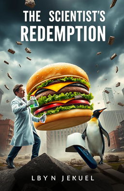 A dramatic scene featuring a scientist dressed in a lab coat engaged in an epic battle against a colossal burger and a determined penguin, set in a chaotic cityscape with buildings collapsing in the background